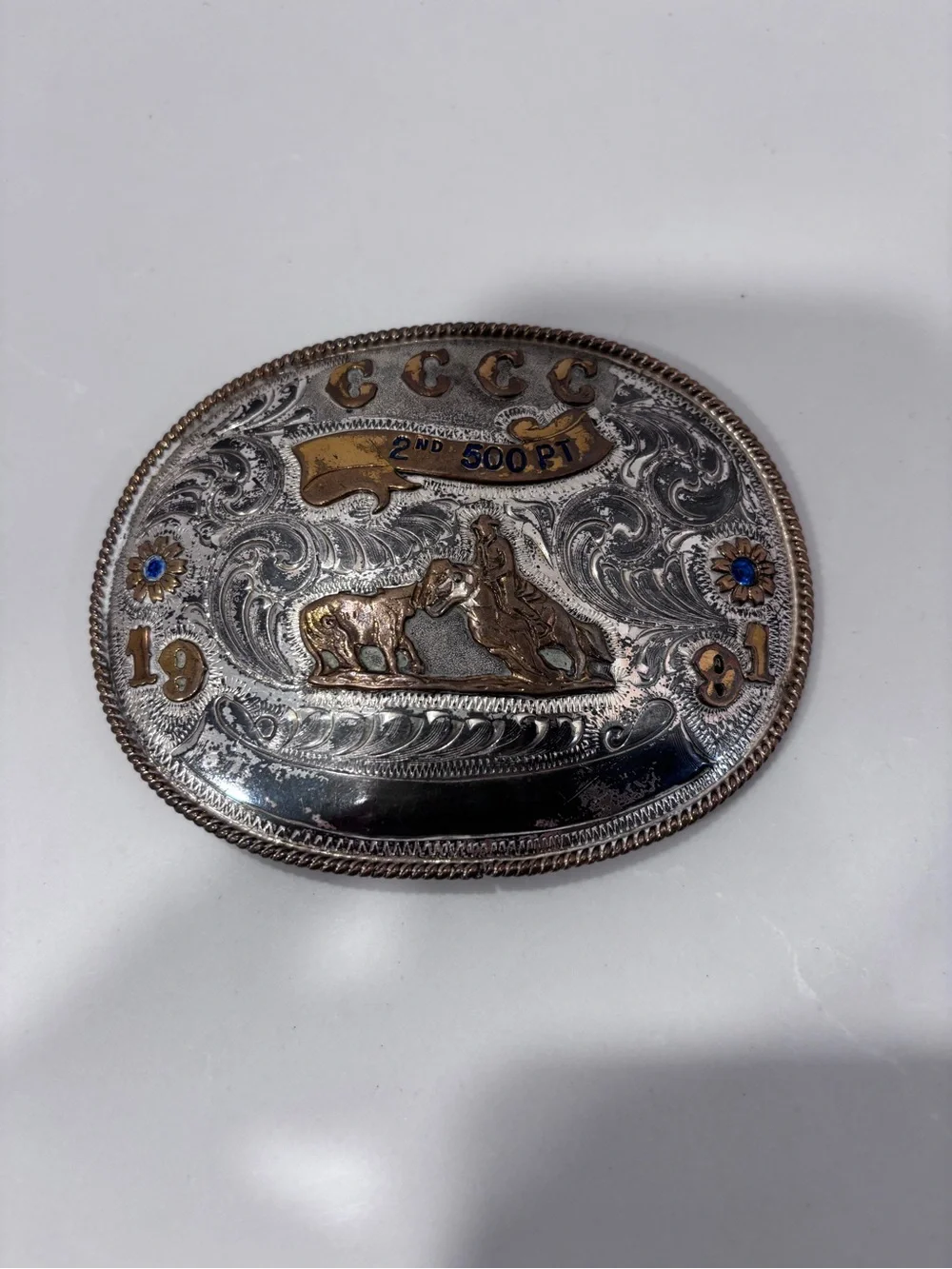 Frontier Vtg 2nd Place Rodeo Belt Buckle Sterling Silver Overlay Jewels